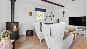 A modern living room with a wood-burning stove, two grey armchairs, a TV, and a large window. - Pet friendly home in Haderslev with WiFi (Haderslev)