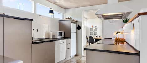 Fridge, stovetop, dishwasher, coffee/tea maker