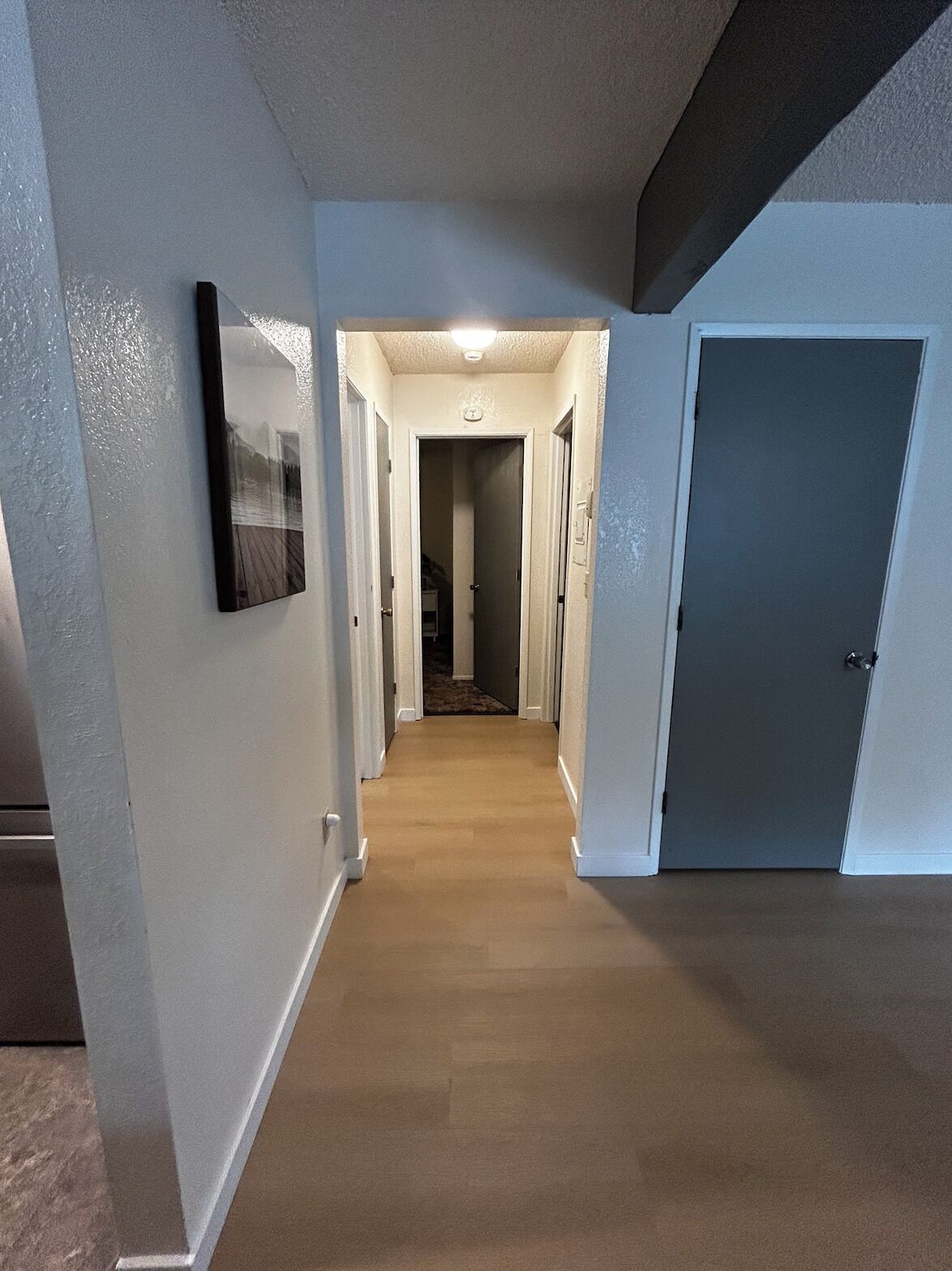 A hallway with a wooden floor, white walls, and a door on the right.