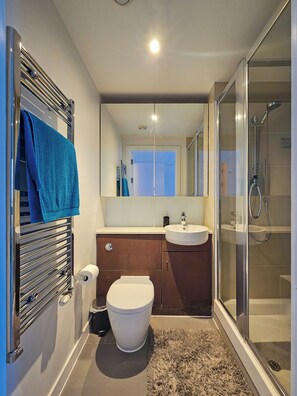 Shower, bidet, towels, soap