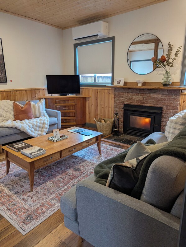 Smart TV, fireplace, DVD player, books