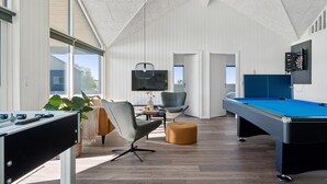 A modern indoor space with a pool table, a dartboard, and a television. - Cozy home in Bogense with sauna (Bogense)