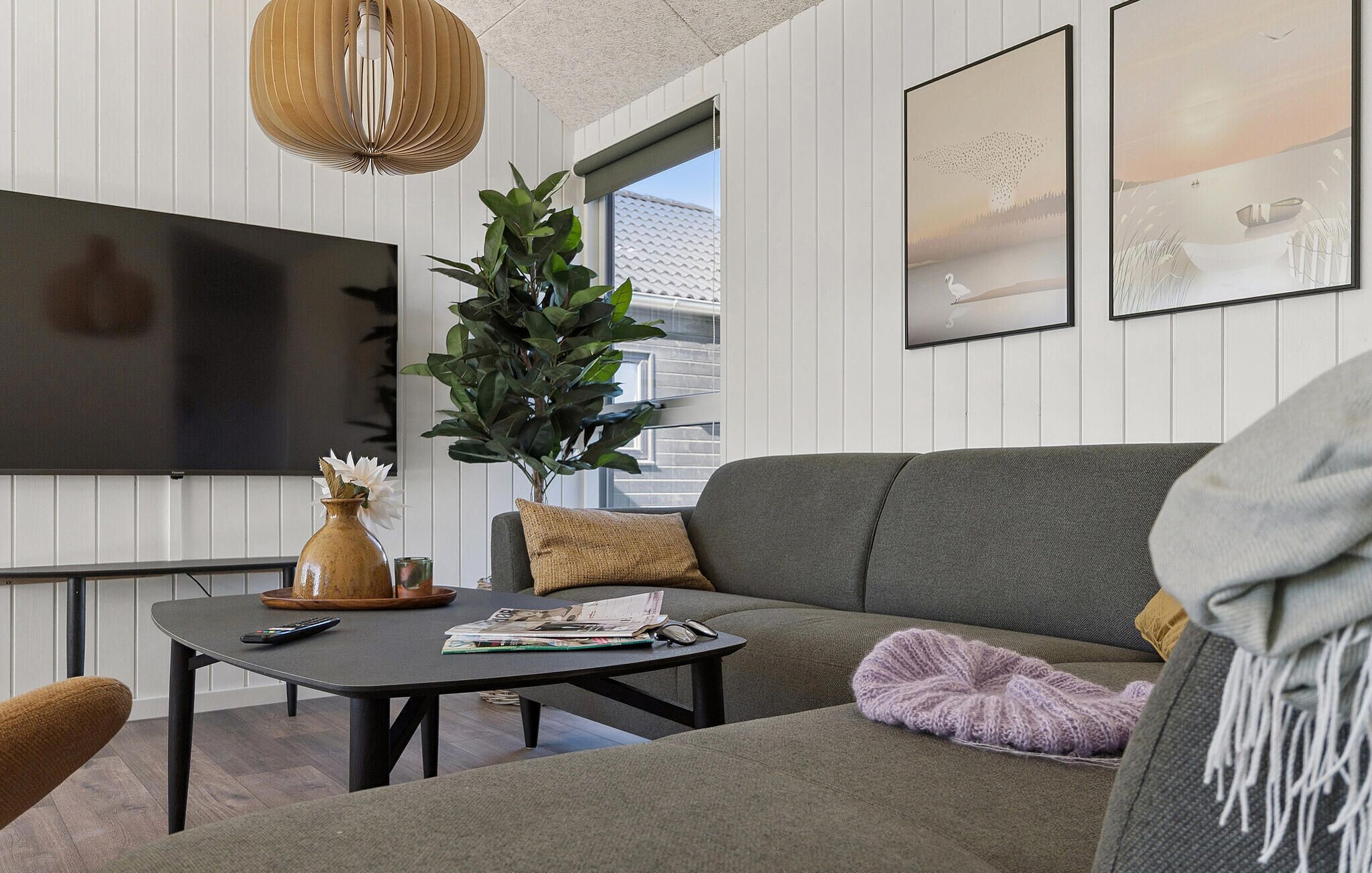 A modern living room with a grey sofa, a black coffee table, a large TV, and a potted plant.
