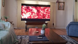 A living room with a flat-screen TV, a coffee table with a plant, a sofa, and a patterned rug.