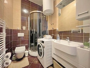 Hair dryer, towels, soap, toilet paper