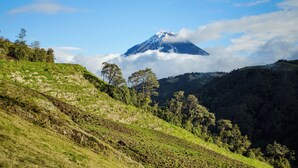 Une montagne dont le sommet est coiffé de neige, entourée de collines verdoyantes et d’arbres luxuriants.
