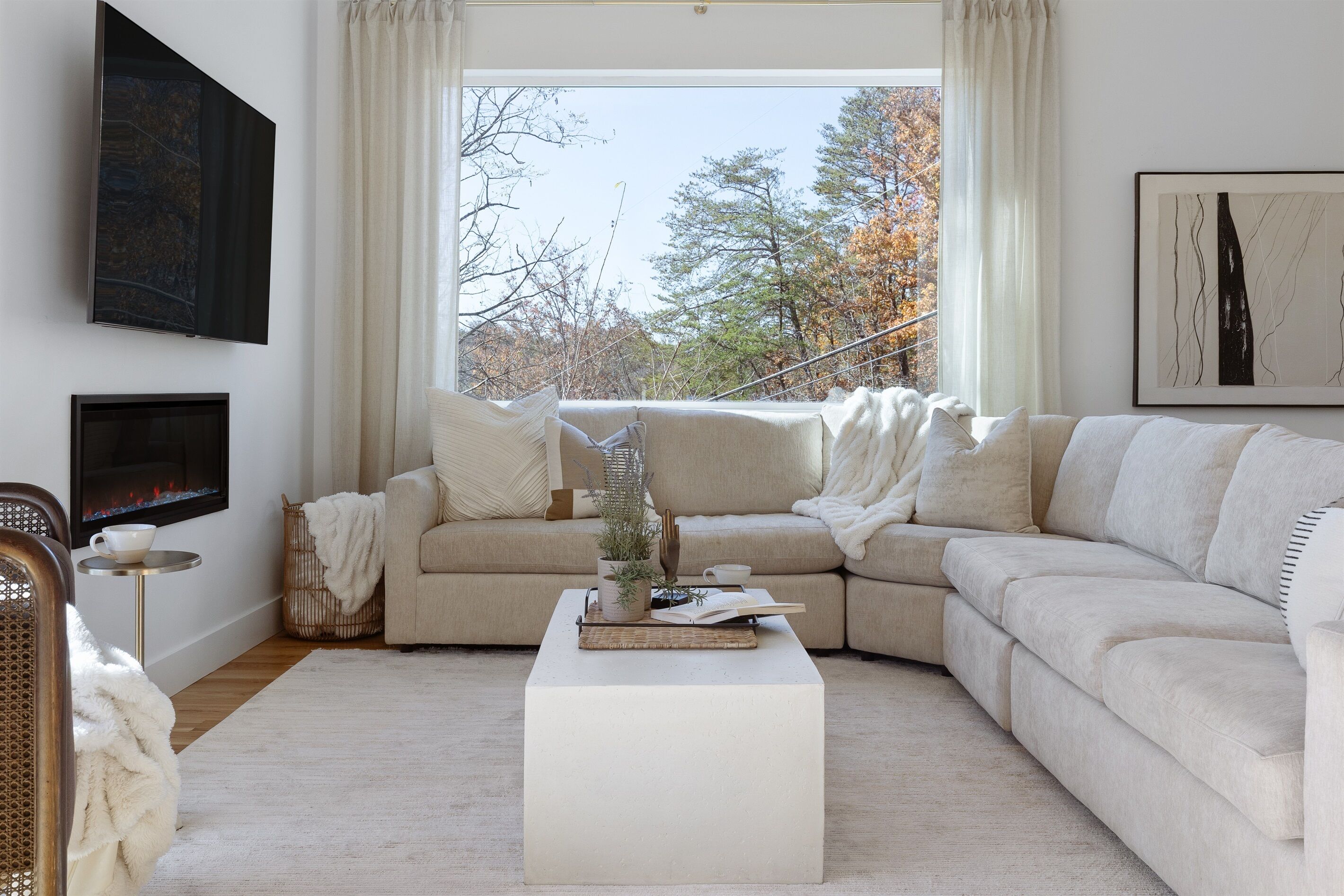 Una Smart TV, una chimenea, libros