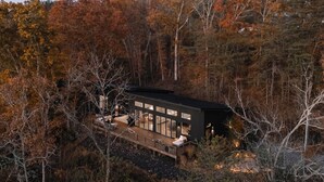A modern house with a large deck, surrounded by dense forest.