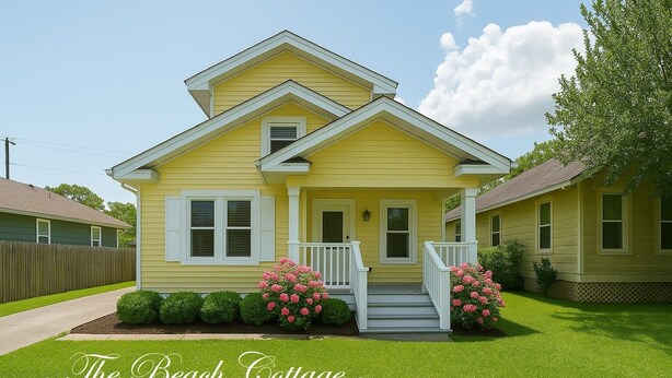 A yellow two-story house with a front porch and steps, surrounded by well-maintained grass and pink flowers. - Charming 3-bedroom cottage in Seabrook, Texas (Seabrook)