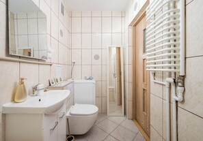 Een badkamer met wastafel, toilet, spiegel en douche.