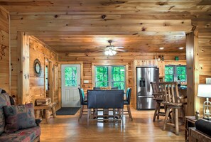 TV, fireplace, books, video library