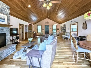 Smart TV, fireplace, books, music library