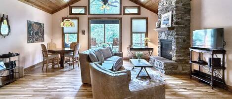 Smart-tv, een open haard, boeken en een muziekbibliotheek