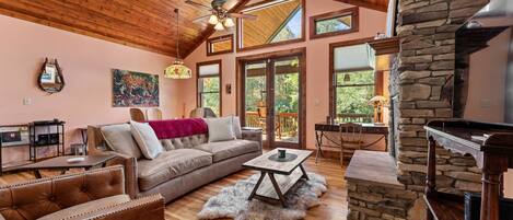 Smart TV, fireplace, books, music library