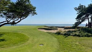 Ein Golfplatz mit freiem Blick auf den Ozean, einem gepflegten Grün und einer Sandumrandung.