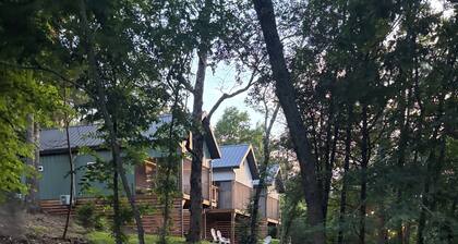 This little green lodge is in the woods & on the lake and near many things to do