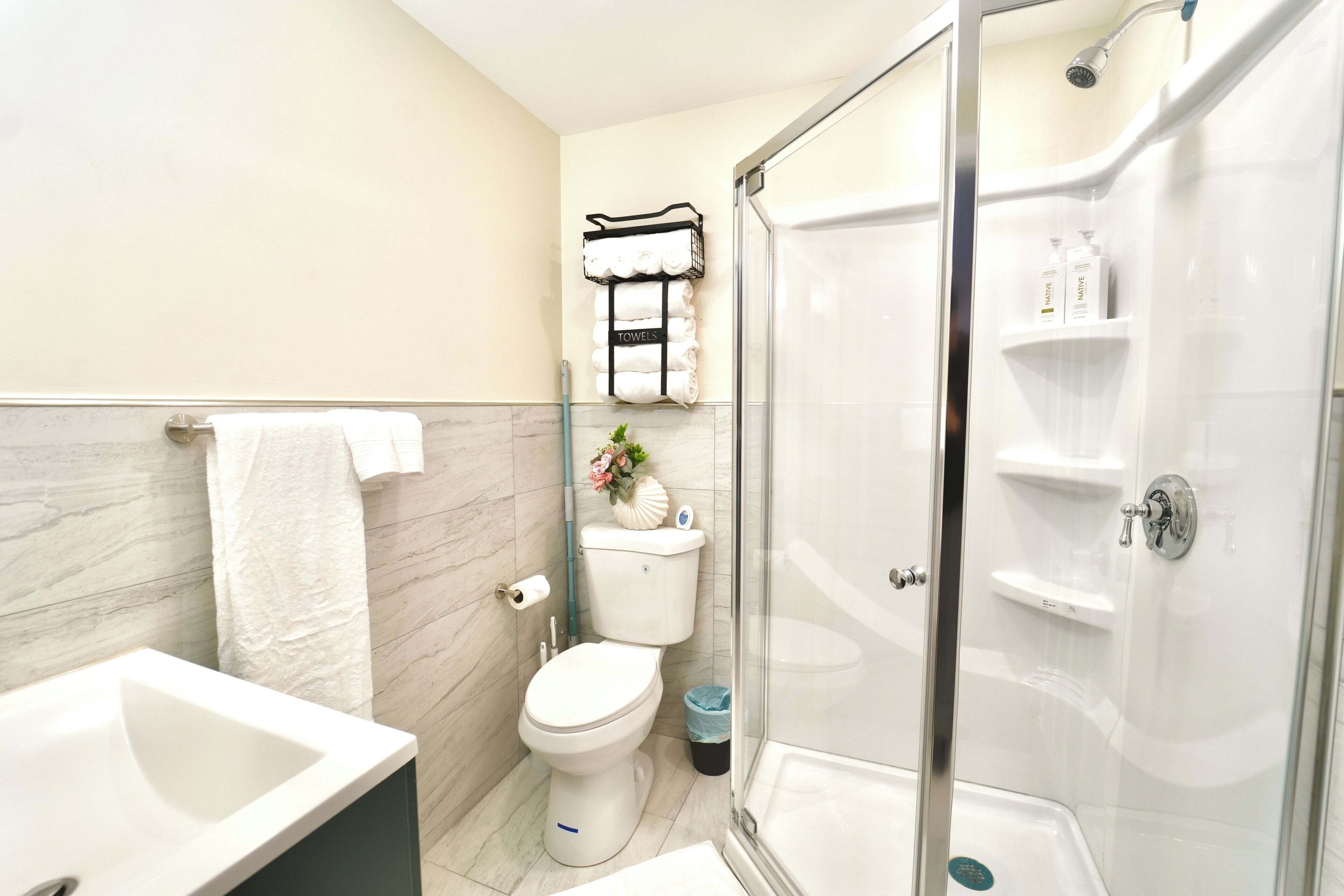 Shower, towels, soap, toilet paper