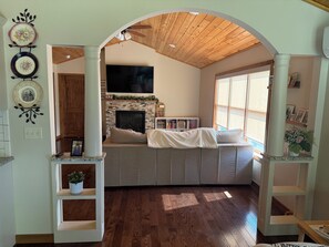 Smart TV, fireplace, books