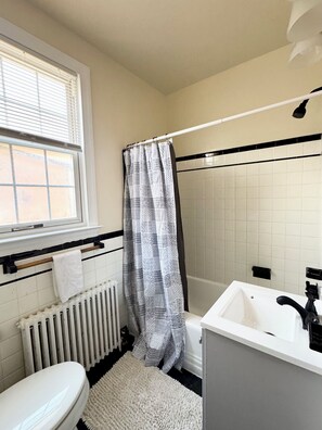 Hair dryer, towels, toilet paper