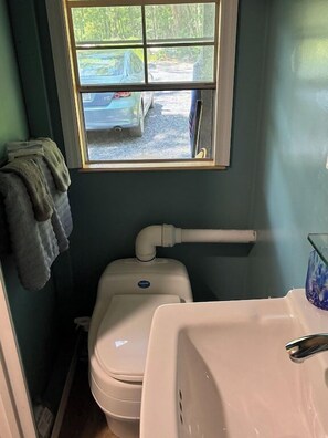 A bathroom with a toilet, sink, and window.