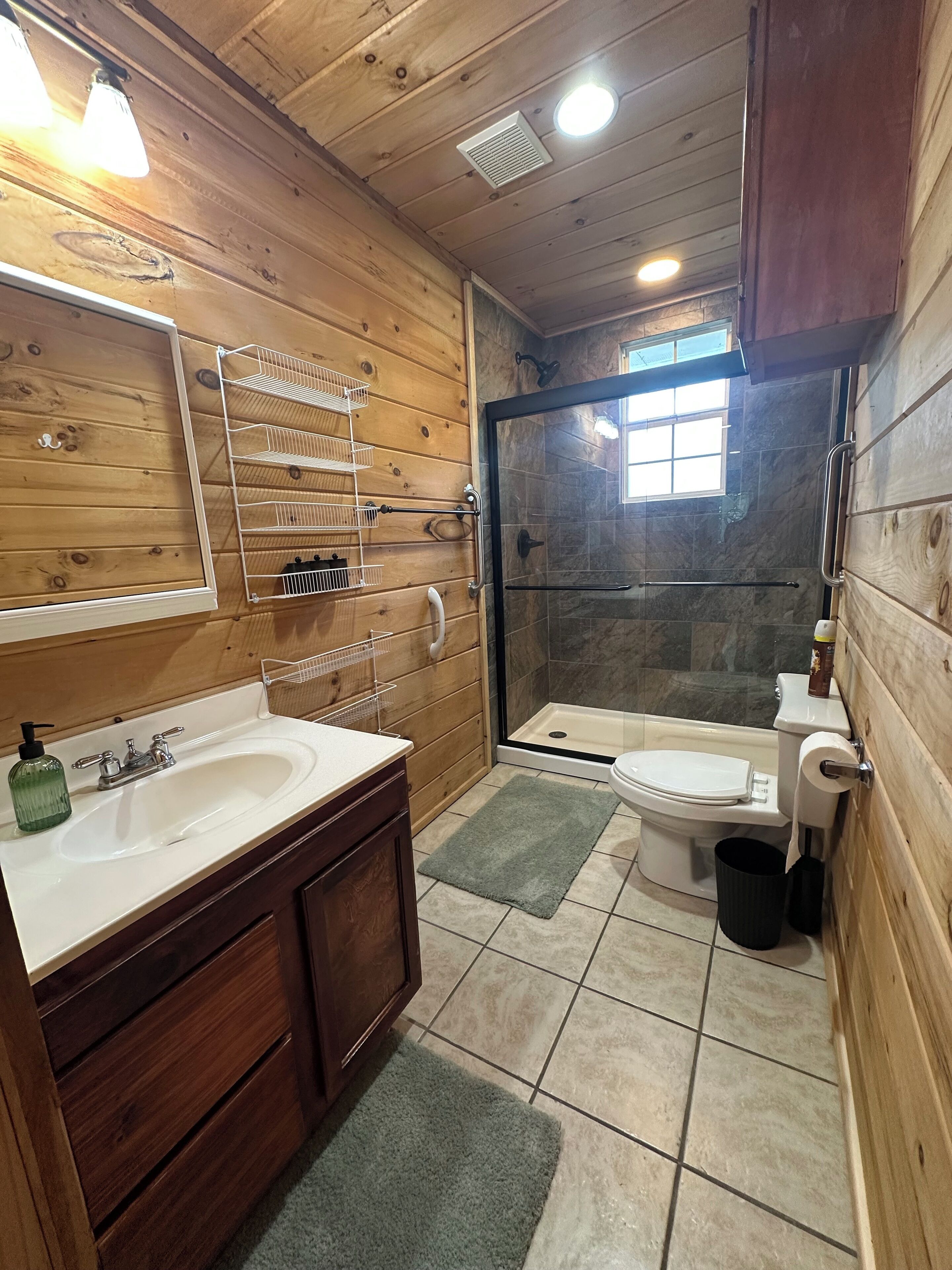 Shower, towels, toilet paper