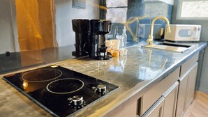A kitchen with a modern induction cooktop, a coffee maker, and a microwave. - Lakeside Studio w/ Fishing, boat ramp, dock, kayak (Dunes City)