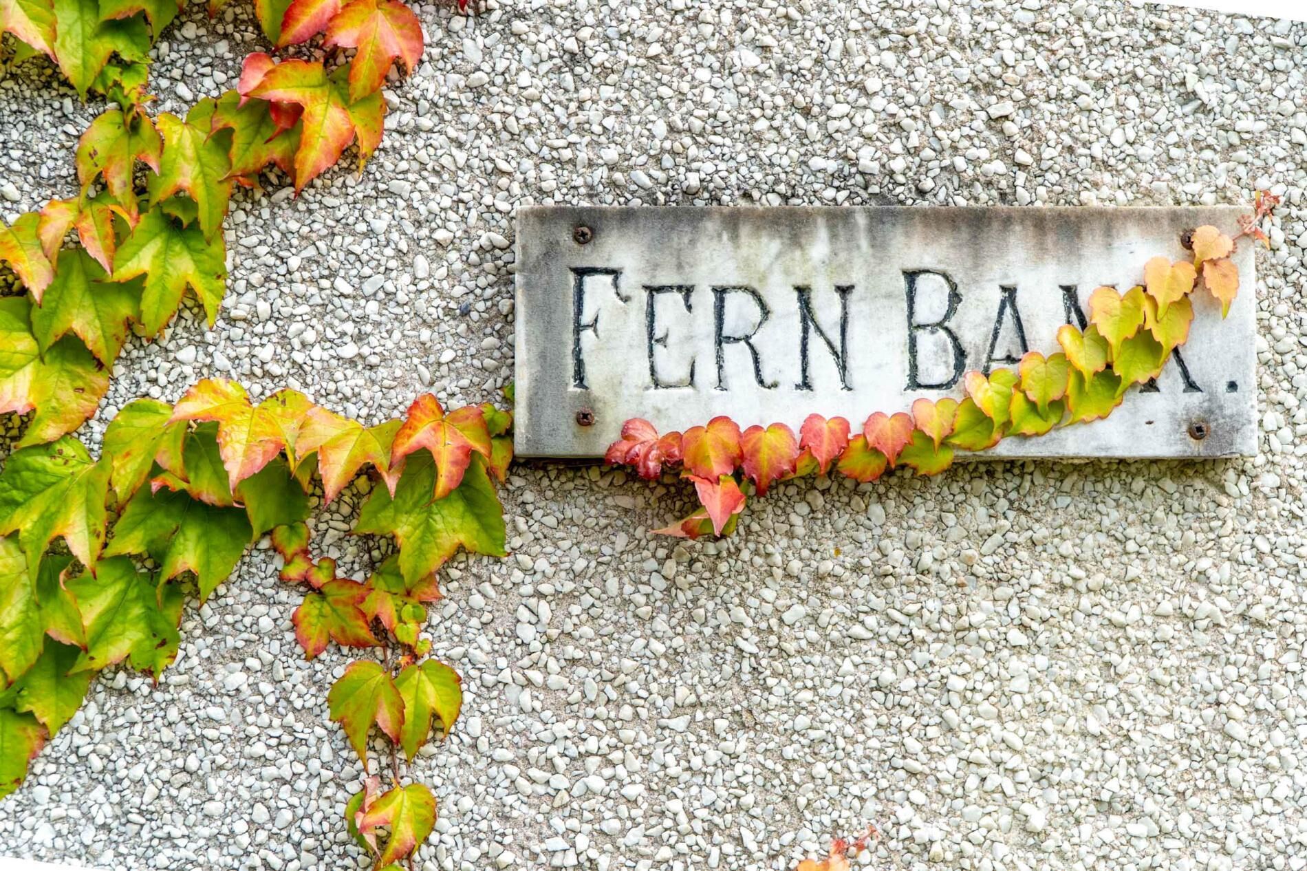 A metal sign with the inscription "FERN BAM" on a textured wall.