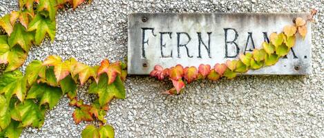 A metal sign with the inscription "FERN BAM" on a textured wall.