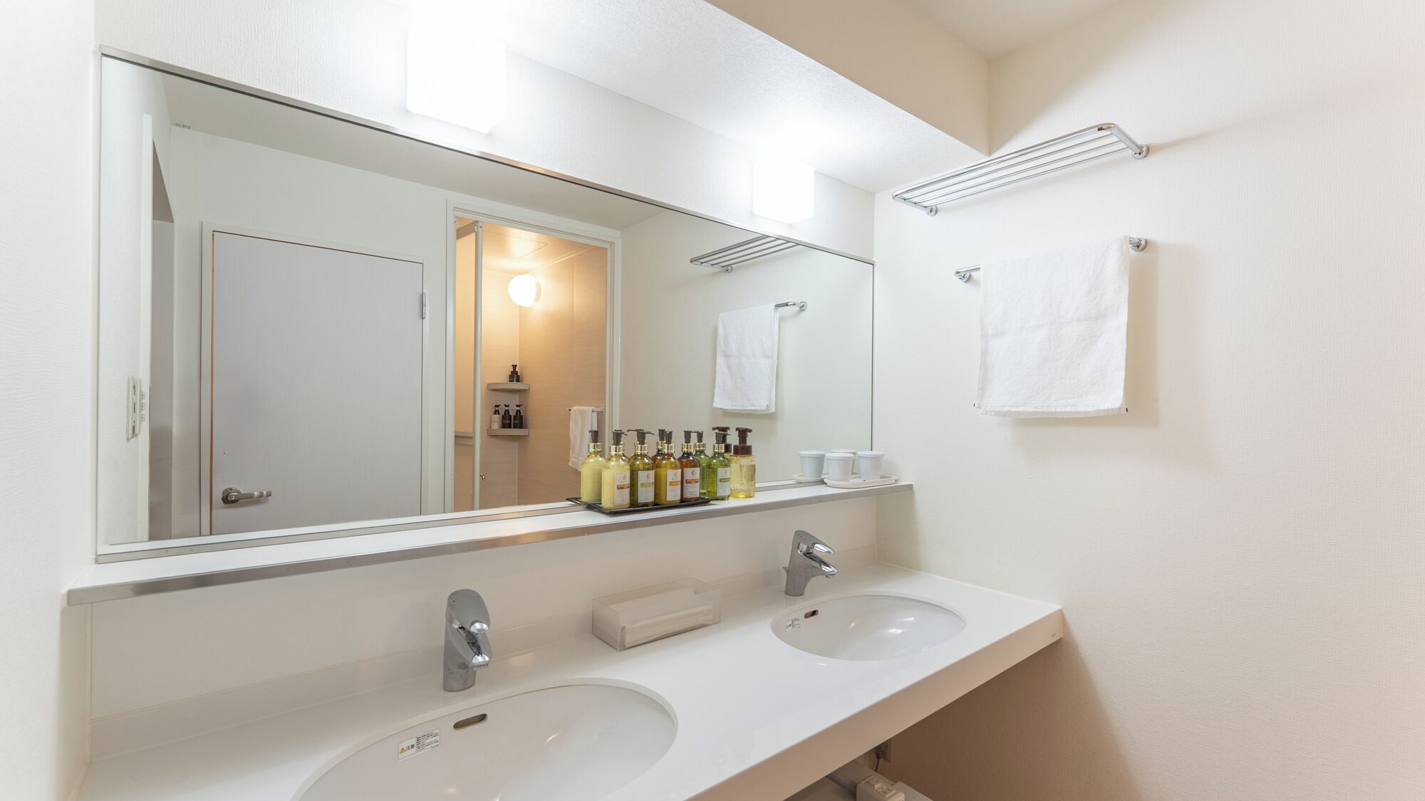 A bathroom with two sinks, a large mirror, and a towel rack.
