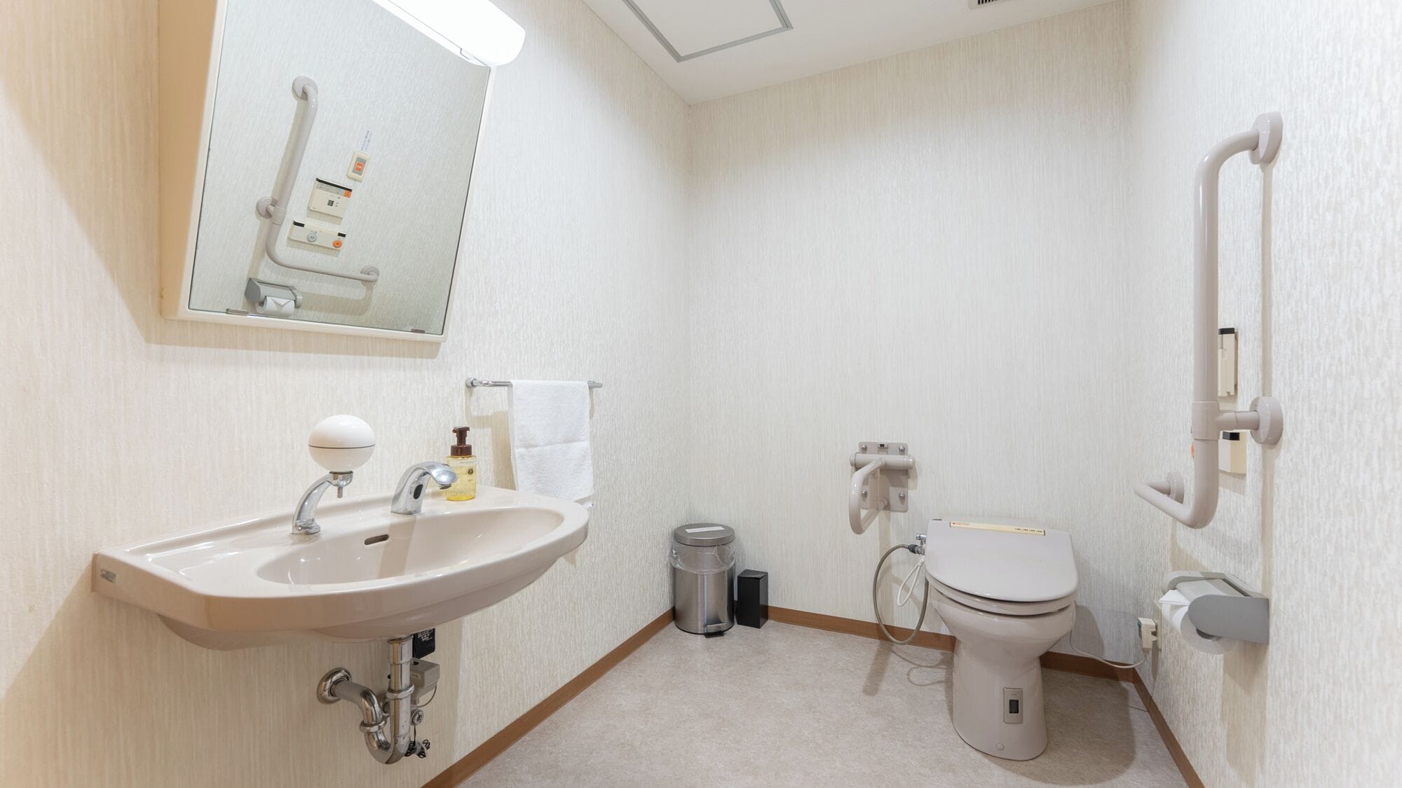Une salle de bain moderne équipée d’un lavabo, d’un miroir, de toilettes et de barres d’appui.