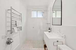 Hair dryer, towels, soap, shampoo