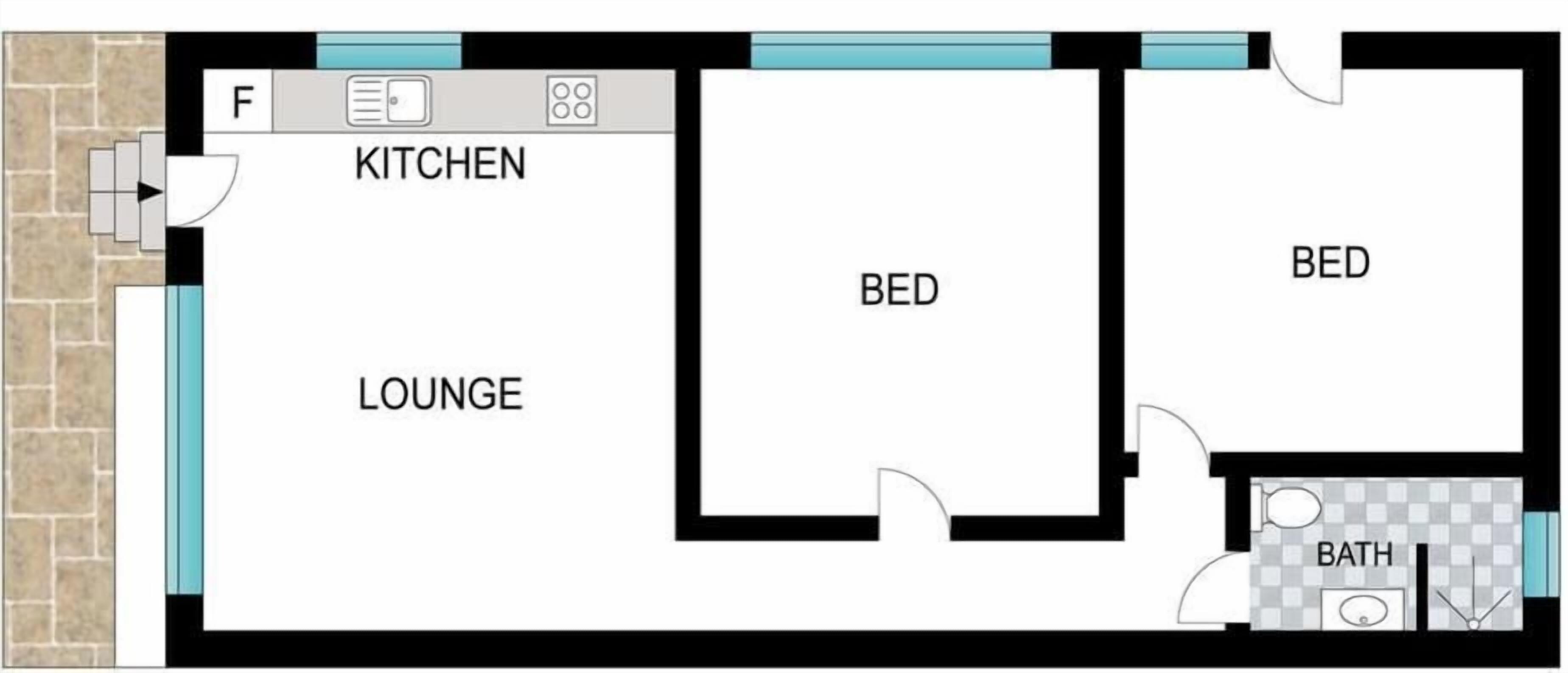 Ein Grundriss mit einer Küche, zwei Schlafzimmern, einem Wohnzimmer und einem Badezimmer.