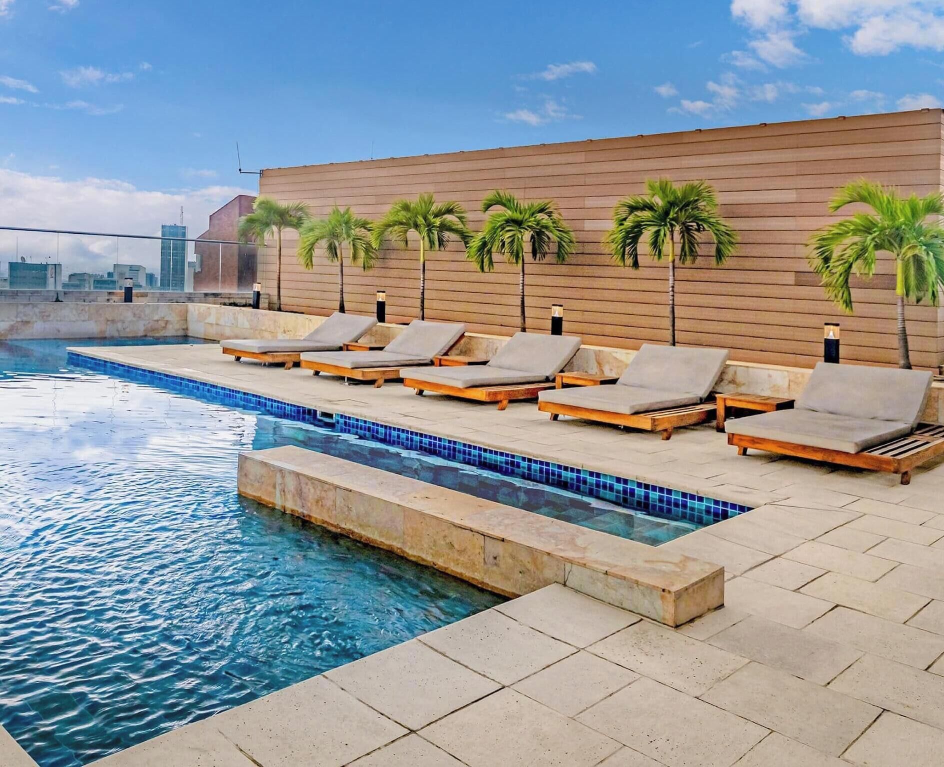 A rooftop pool area with lounge chairs and palm trees.