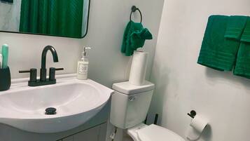 Hair dryer, towels, soap, toilet paper