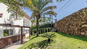 Un jardin bien entretenu, agrémenté d’un palmier, d’un mur en pierre et d’un chemin menant à un bâtiment à la façade blanche et aux détails bruns.