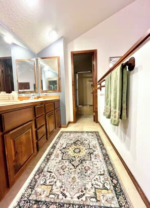 Hair dryer, towels, soap, toilet paper