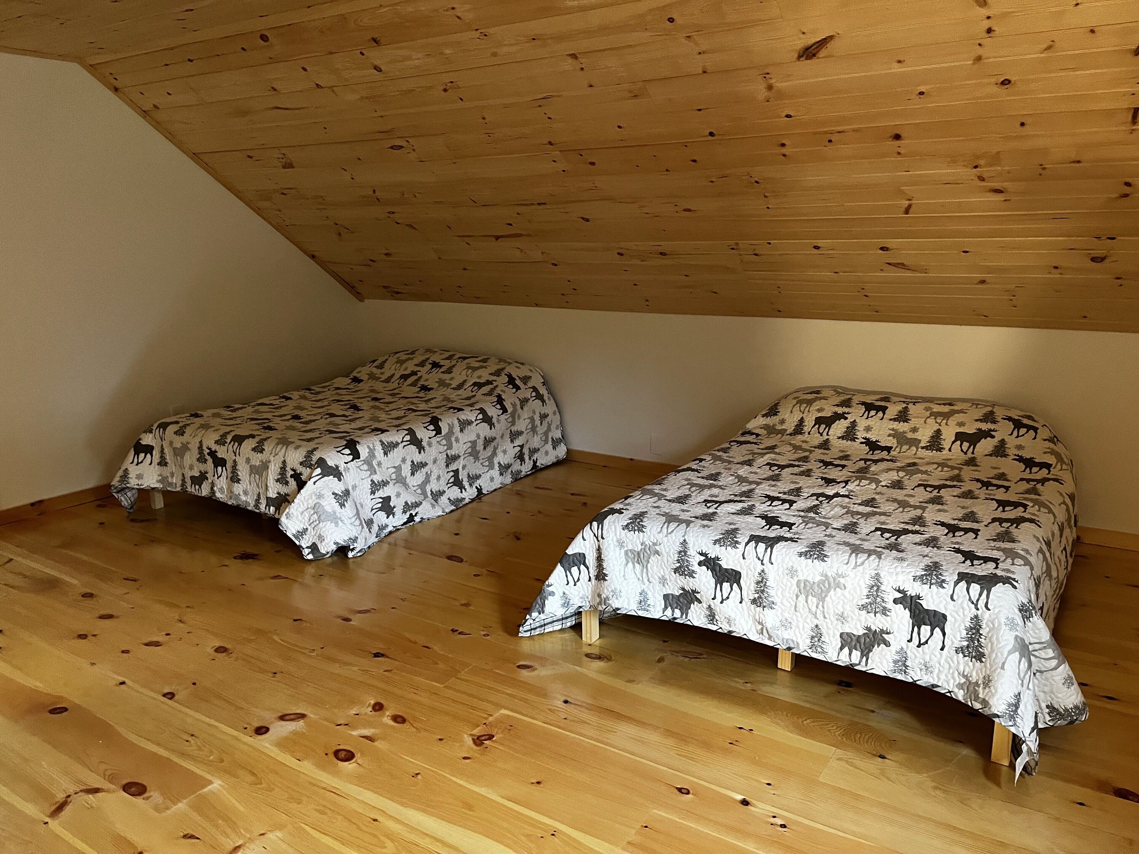 Two single beds in a room with wooden flooring and a sloped ceiling.