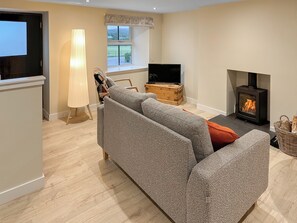 Una sala de estar con sofá, televisor, chimenea y ventana con vistas al exterior.