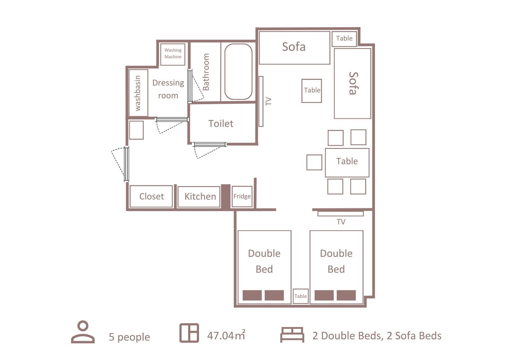 Plan d’étage d’un appartement de 5 chambres, d’une superficie totale de 47,04 mètres carrés, comprenant une cuisine, deux lits doubles, deux canapés-lits, un téléviseur, un meuble pour téléviseur, un lave-linge, un dressing, une salle de bain et un placard.