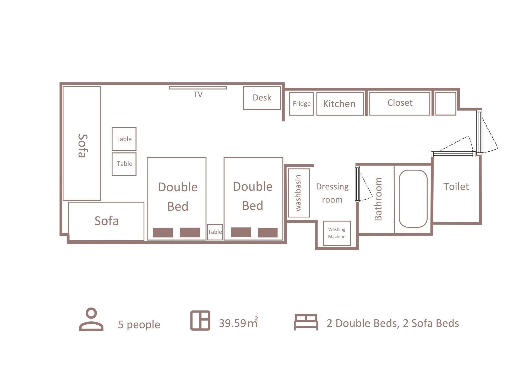 A 39.59m² apartment layout with 2 double beds, 2 sofa beds, a TV, desk, fridge, kitchen, closet, sofa, two tables, a washbasin, dressing room, bathroom, and toilet.