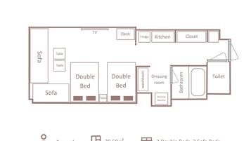 A 39.59m² apartment layout with 2 double beds, 2 sofa beds, a TV, desk, fridge, kitchen, closet, sofa, two tables, a washbasin, dressing room, bathroom, and toilet.