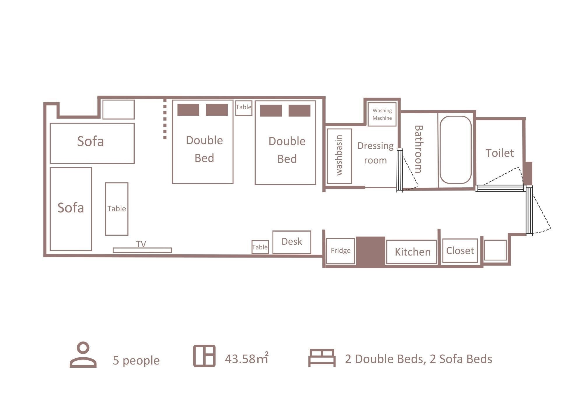 A floor plan of a 43.58 square meter apartment with 2 double beds, 2 sofa beds, a TV, a desk, a fridge, a kitchen, a washing machine, a dressing room, a bathroom, and a toilet.