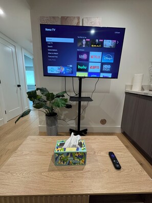 Un televisor mostrando la interfaz de Roku TV con diversos servicios de transmisión.