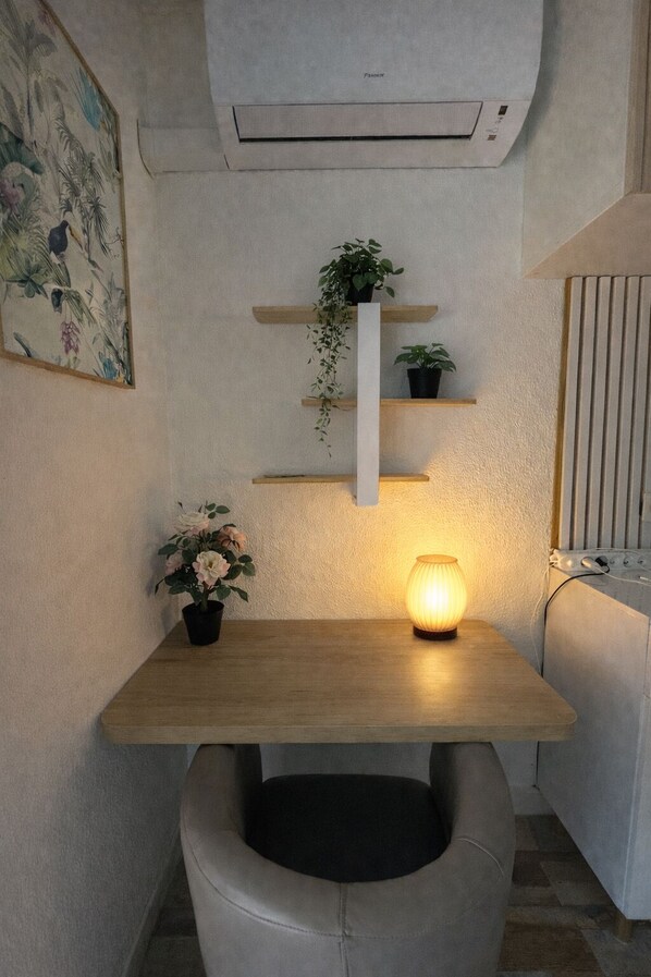 A compact kitchen with a wooden table, a chair, a hanging plant, and a wall-mounted shelf.