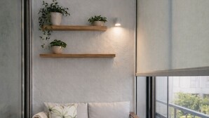 Uma sala de estar moderna com um sofá, dois pufes, uma mesa de centro e duas plantas em vasos sobre prateleiras flutuantes.