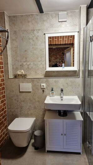 Dusche, Haartrockner, HandtĂŒcher, Toilettenpapier