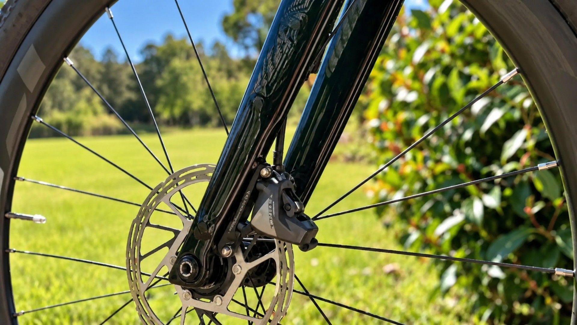En närbild på bakhjulet och fjädringssystemet på en cykel.