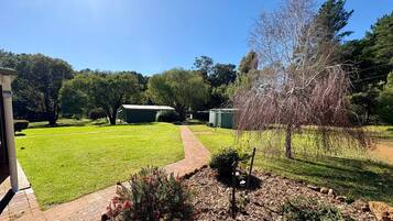A well-maintained garden with a paved pathway, a small bush, and a tree.
