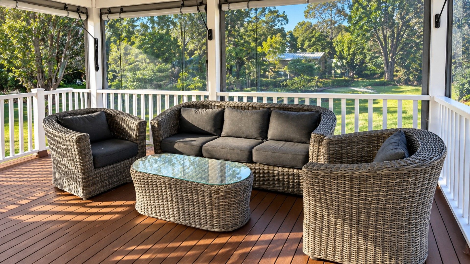 A covered outdoor seating area with wicker furniture and a glass coffee table.