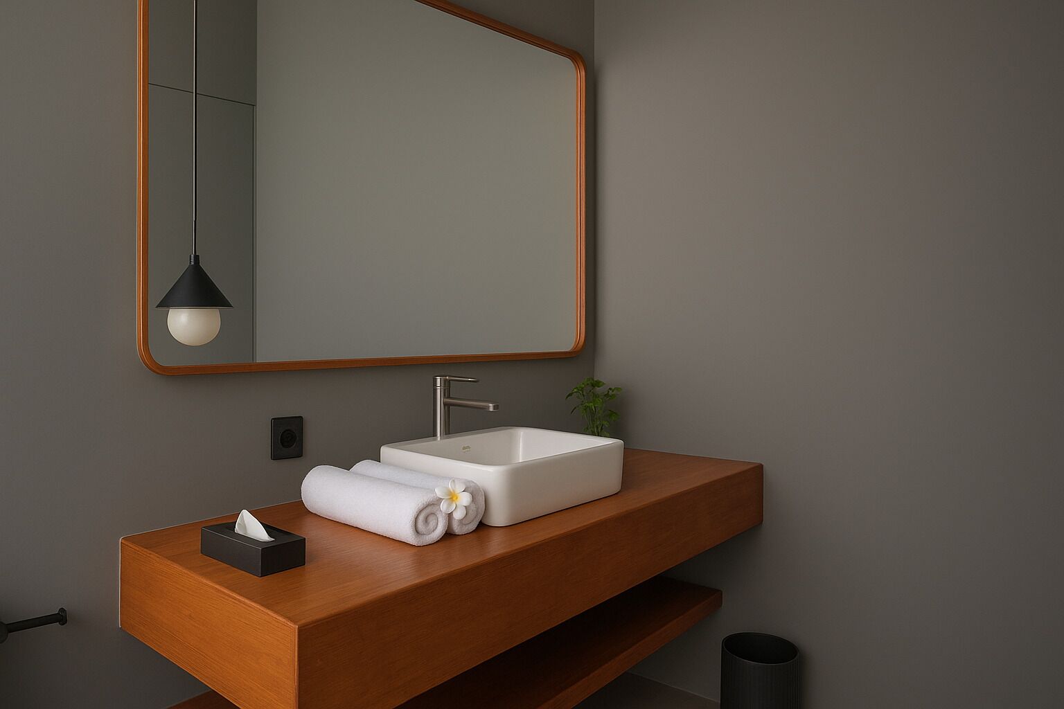 A modern bathroom with a wooden vanity, a white sink, and a mirror with a wooden frame.